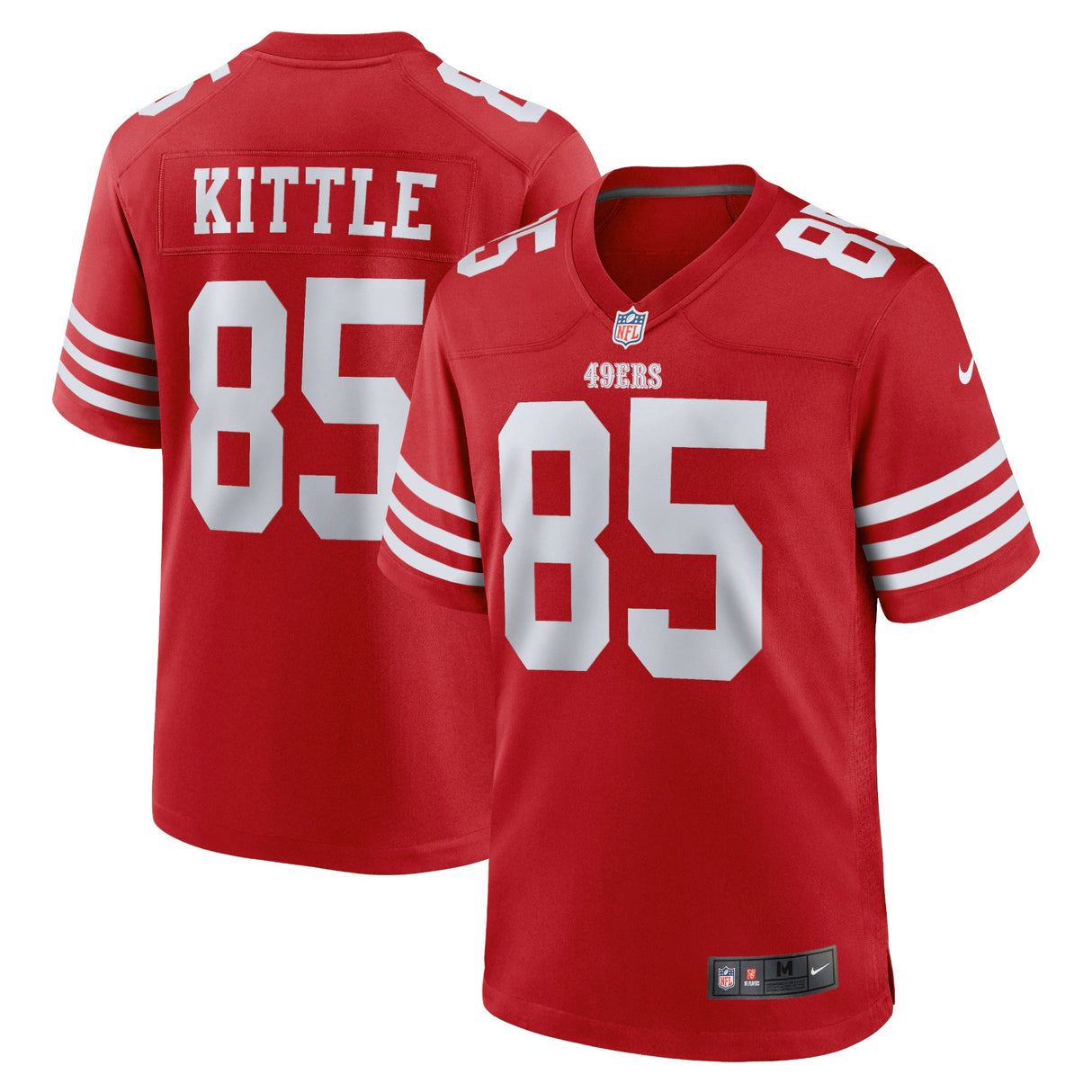 The Sports Integrity George Kittle San Francisco 49ers Red Nike Game Jersey features white sleeve stripes, white “85” numbers on front and back, and “Kittle” above the number on the back.