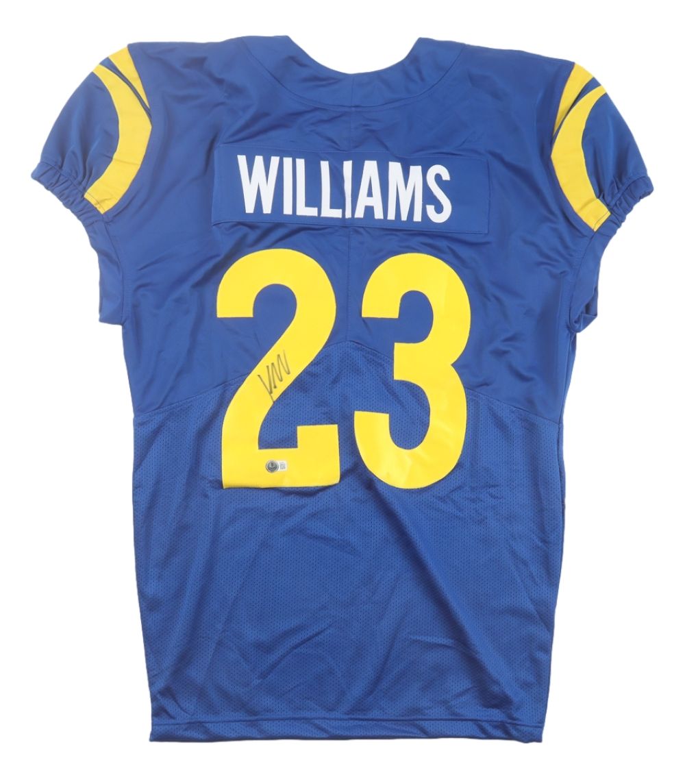 A blue Kyren Williams Los Angeles Pro-Cut football jersey by Sports Integrity, featuring yellow accents, name and number 23 on the back in yellow, autographed in black marker. BAS ITP authenticated.