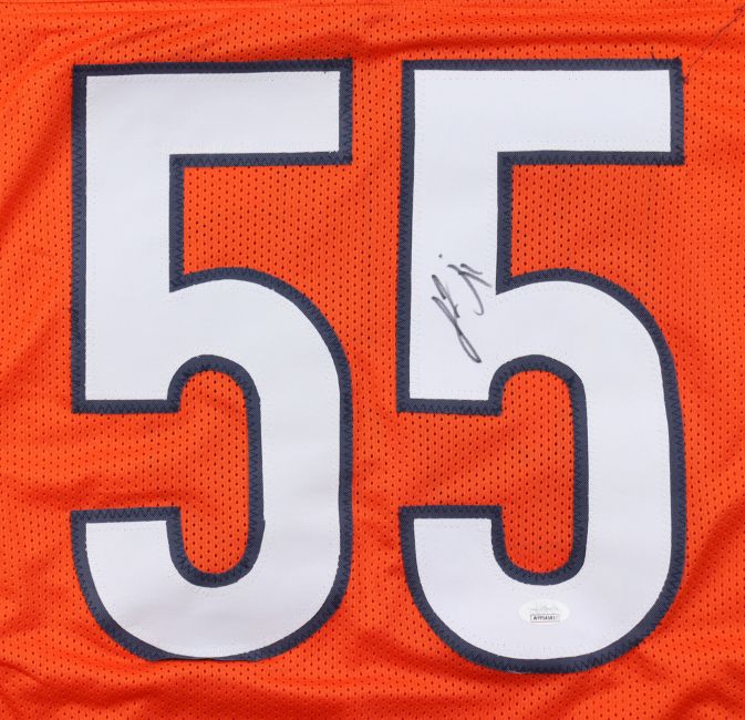The Sports Integrity Lance Briggs Chicago Signed Orange Football Jersey features a large white number 55 outlined in blue and includes a signature on the first 5, authenticated by JSA Hologram.