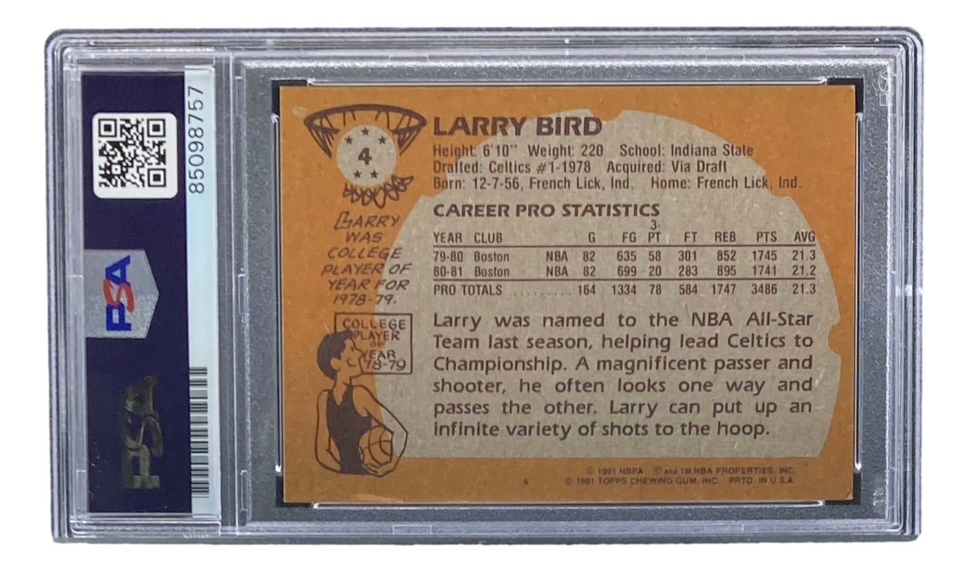 Larry Bird Signed 1981 Topps #4 Celtics Trading Card PSA/DNA Auto Gem MT 10