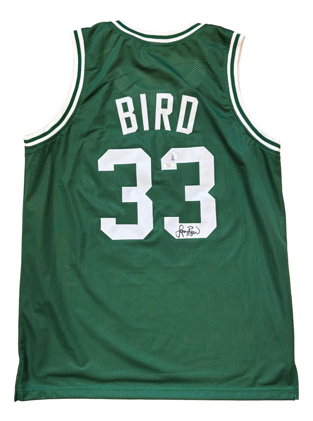 The Sports Integrity Larry Bird Boston Signed Green Basketball Jersey features white trim, "BIRD" and number 33 in white on the back, plus an autograph below the number. Authenticated by PSA/DNA.