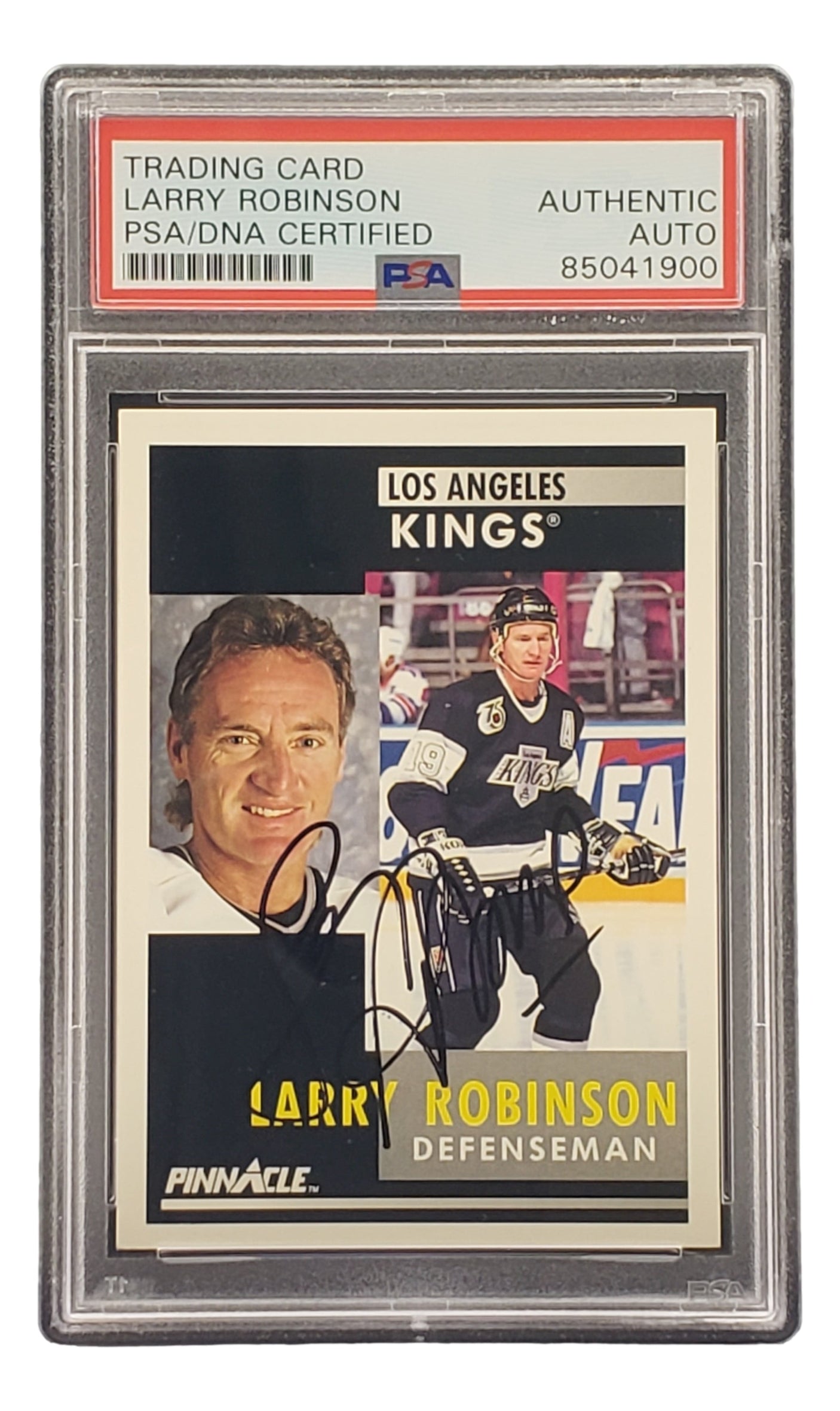 Sports Integrity Larry Robinson Signed 1991 Pinnacle #208 Los Angeles Kings Hockey Card, PSA/DNA certified, features his portrait, action image, team name, and defenseman designation.
