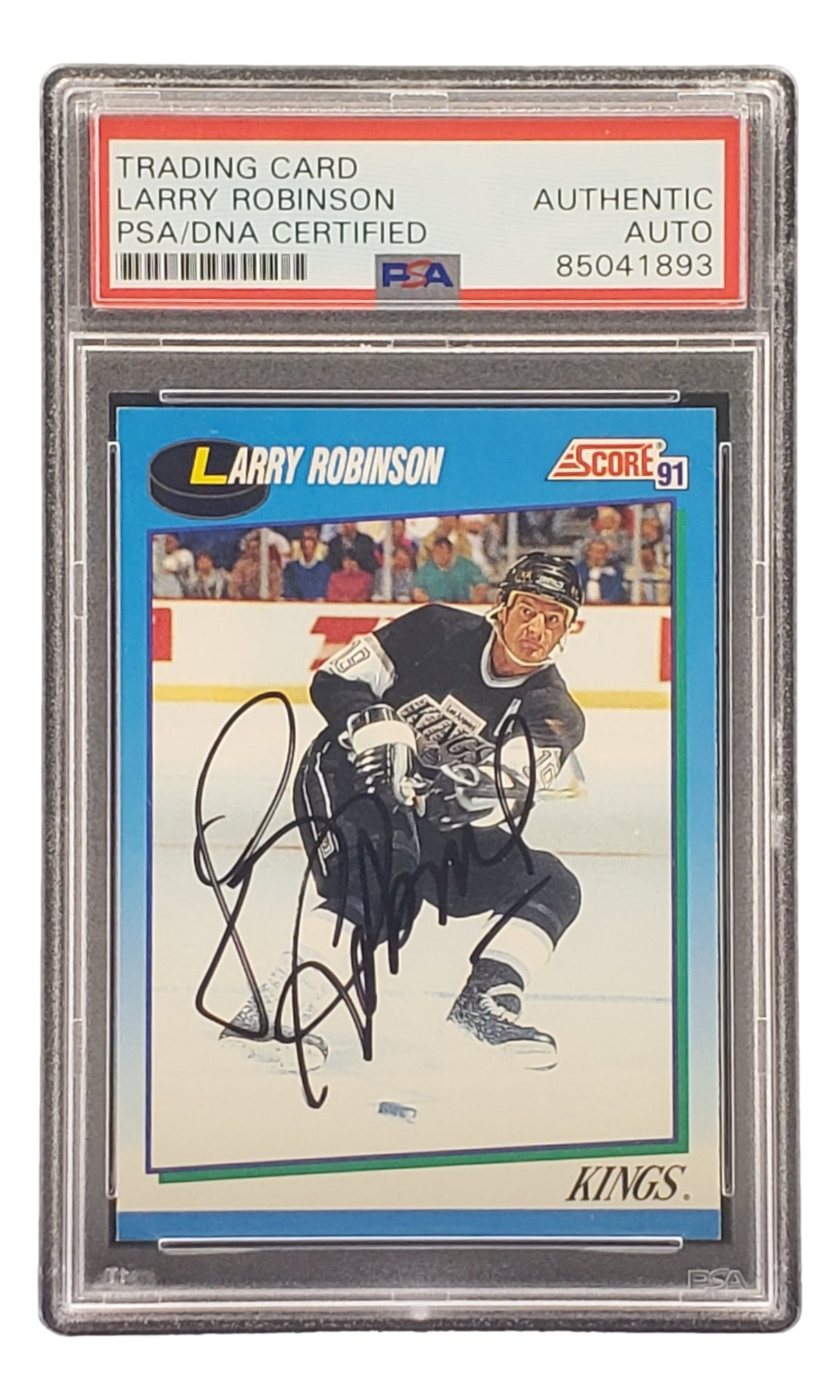 Sports Integrity Larry Robinson Signed 1991 Score #511 LA Kings Hockey Card, graded and encapsulated by PSA/DNA (#85041893), with certification label.