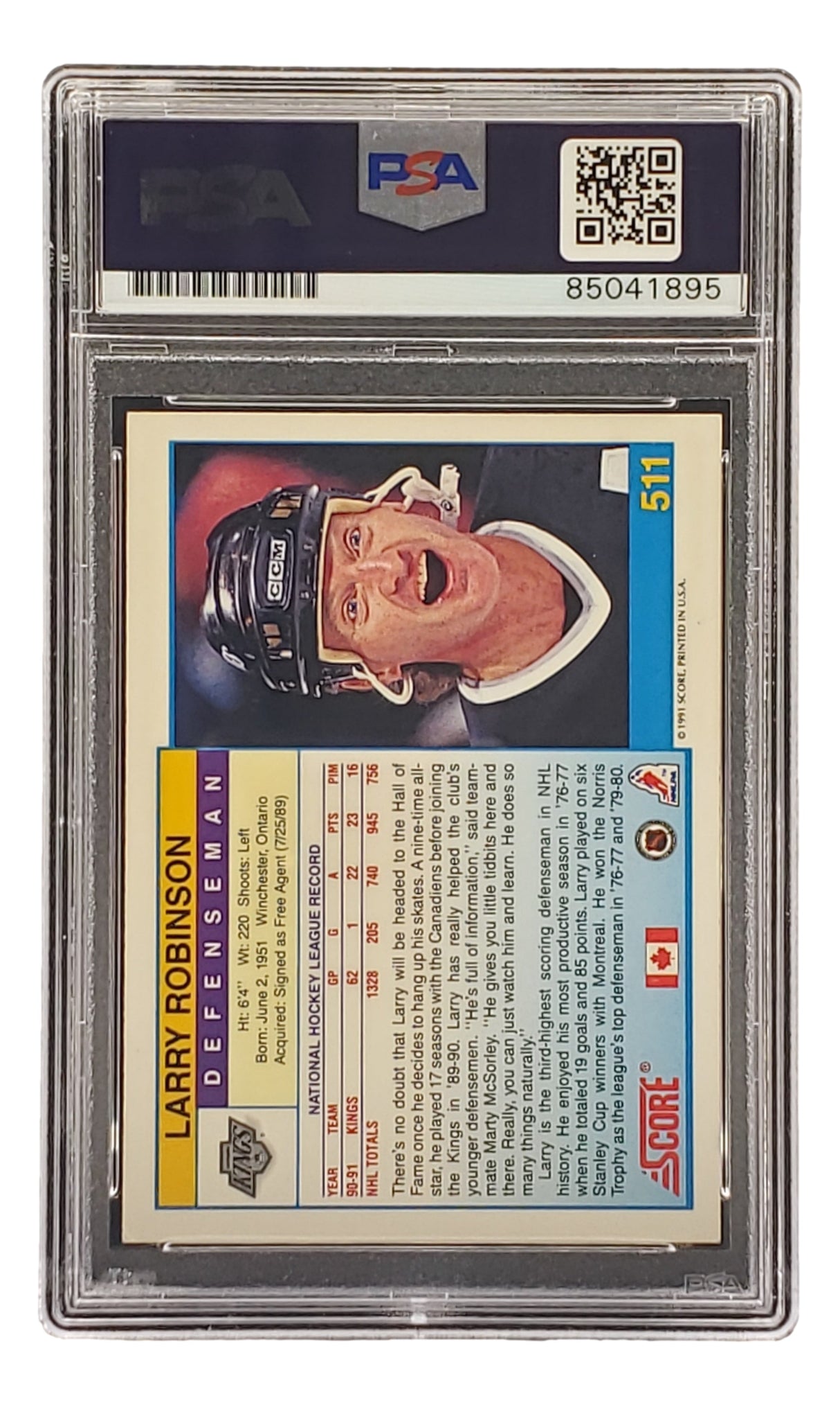 Sports Integrity offers a Larry Robinson Signed 1991 Score #511 LA Kings Hockey Card, graded and encased by PSA/DNA (#85041895), displaying his image, stats, player info, and a clear PSA/DNA certification label at the top.