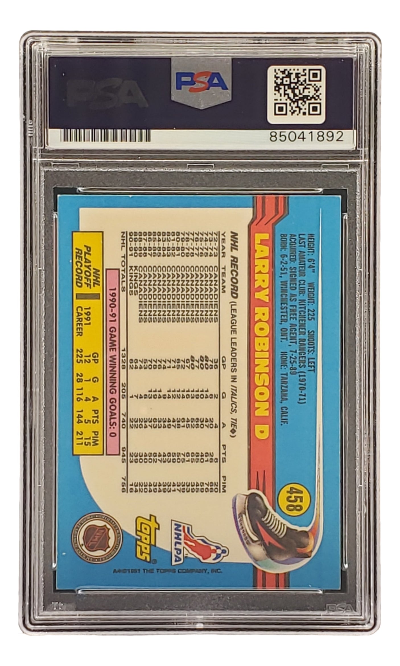 Sports Integrity offers a Larry Robinson Signed 1991 Topps #458 Los Angeles Kings hockey card, authenticated by PSA/DNA and encased in a clear protective holder.