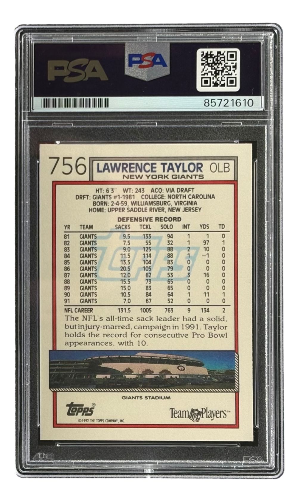 Lawrence Taylor Signed 1992 Topps #756 Giants Trading Card PSA/DNA