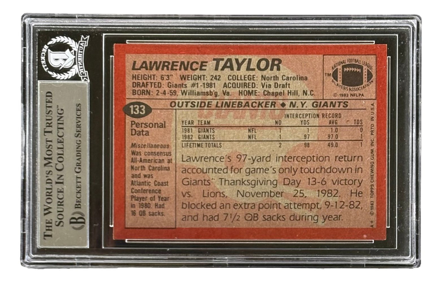 Lawrence Taylor Signed 1983 Topps #133 New York Giants Trading Card BAS