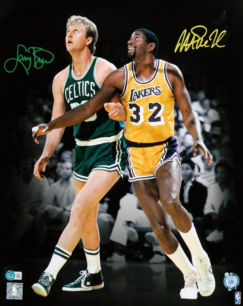 Magic Johnson & Larry Bird Signed 16x20 Vertical Boxout Spotlight Photo BAS W 2