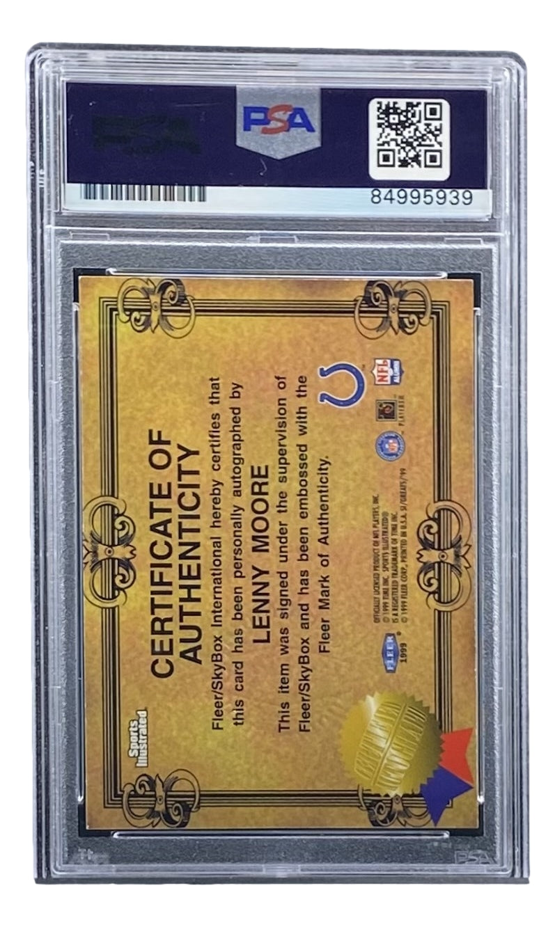 A Lenny Moore Signed Colts 1997 Upper Deck #AL-19 Trading Card by Sports Integrity, PSA/DNA certified (#84995939) with gold background, logos, QR code, and in a protective plastic case.