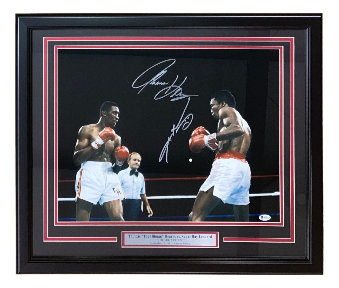 Sugar Ray Leonard Thomas Hearns Signed Framed 16x20 Boxing Photo BAS