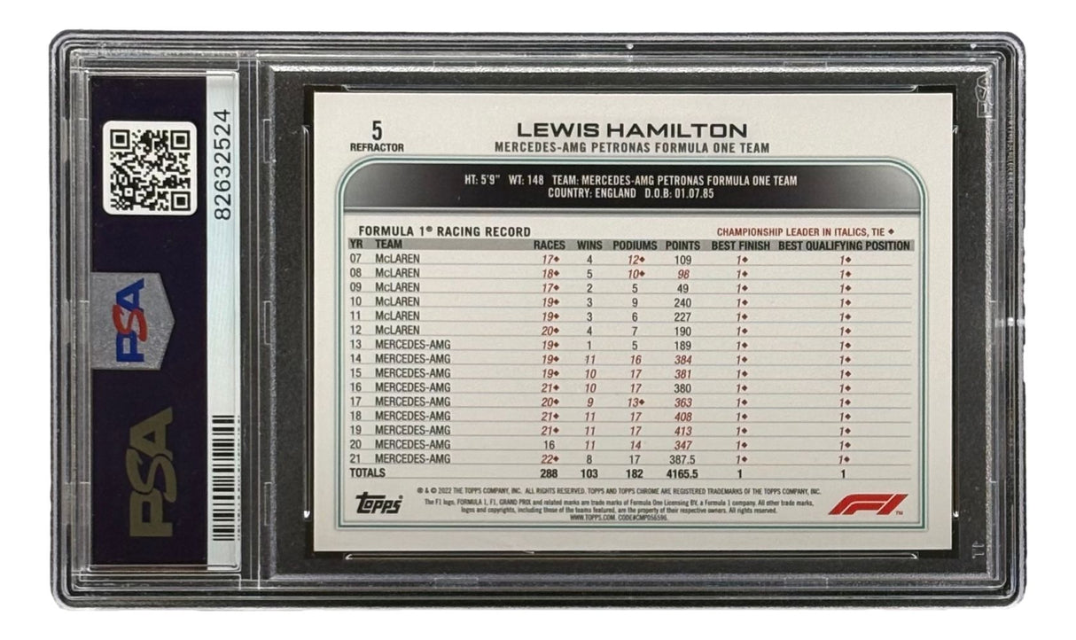 Lewis Hamilton Slabbed 2022 Topps Chrome F1 #5 Refractor Card PSA Mint 9