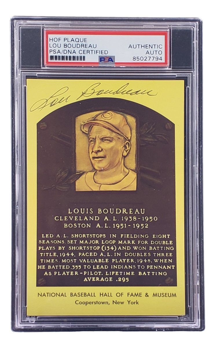 Lou Boudreau Signed 4x6 Cleveland HOF Plaque Card PSA/DNA 85027794 - Sports Integrity