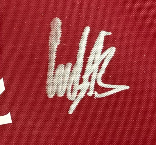 Ludvig Aberg's bold white autograph, with tall, sharp lines and curves, appears on a red fabric section of the Sports Integrity Signed Framed 125th PGA US Open Golf Flag BAS, alongside a partial white letter or number on the left.