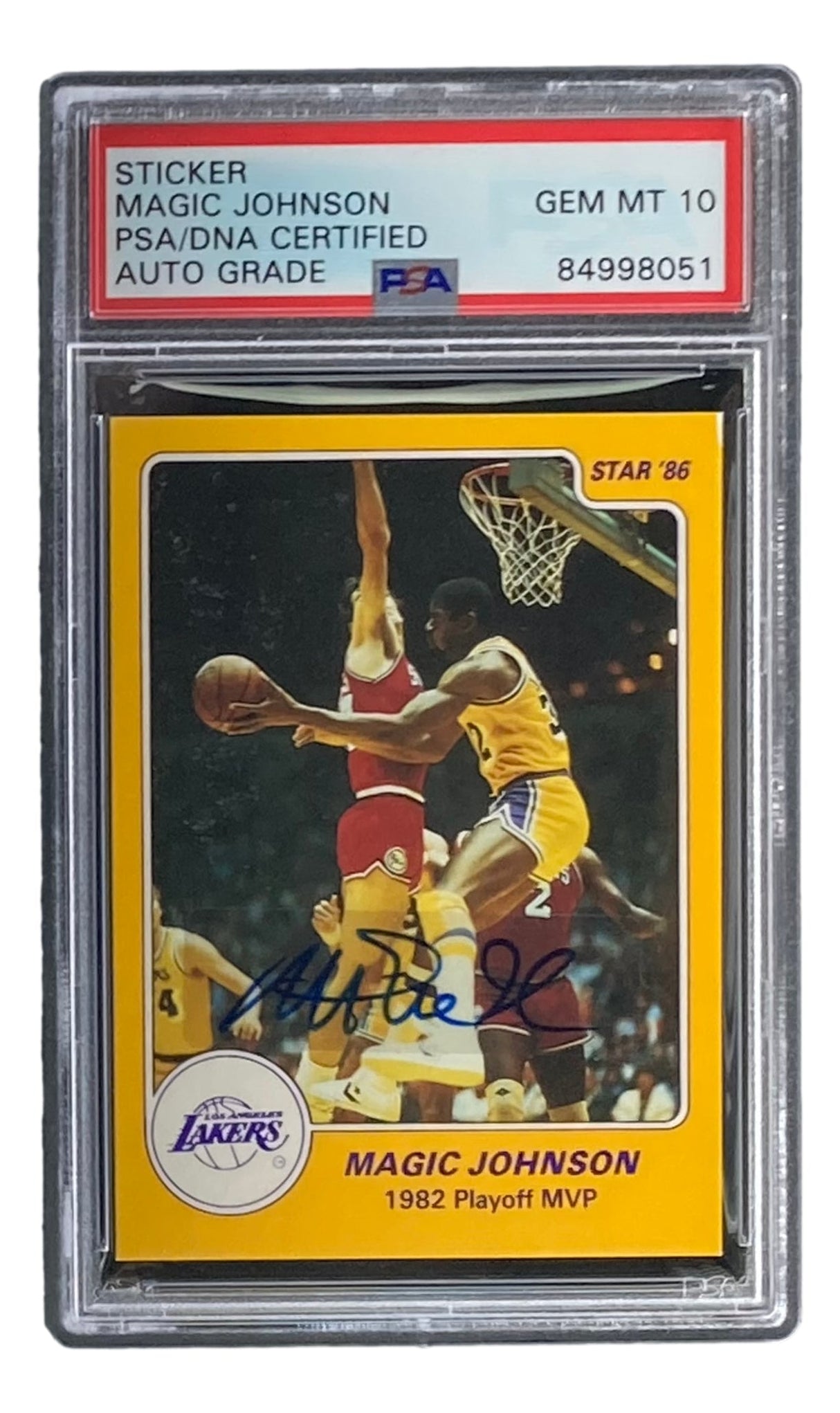 The Sports Integrity Magic Johnson Signed LA Lakers 1986 Star #10 Trading Card, graded PSA/DNA Gem MT 10, features Johnson shooting in yellow as a defender leaps. The card is autographed and authenticated.