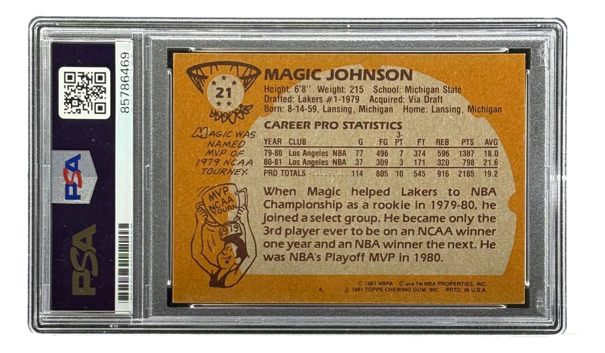 Magic Johnson Signed On Card 1981 Topps #21 Lakers Trading Card PSA Auto 10