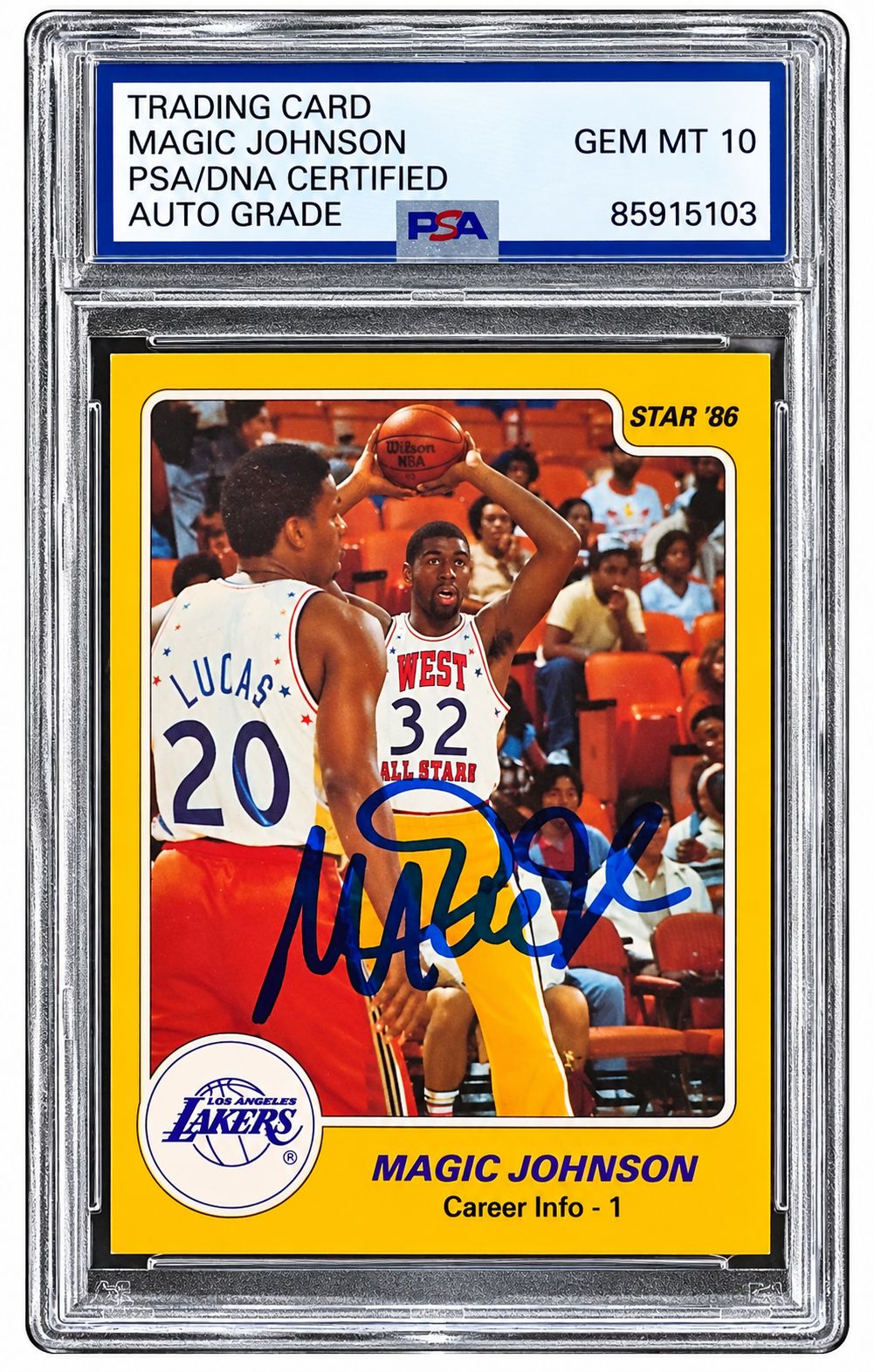 Magic Johnson Signed On Card 1986 Star #6 Lakers Trading Card PSA/DNA Gem MT 10
