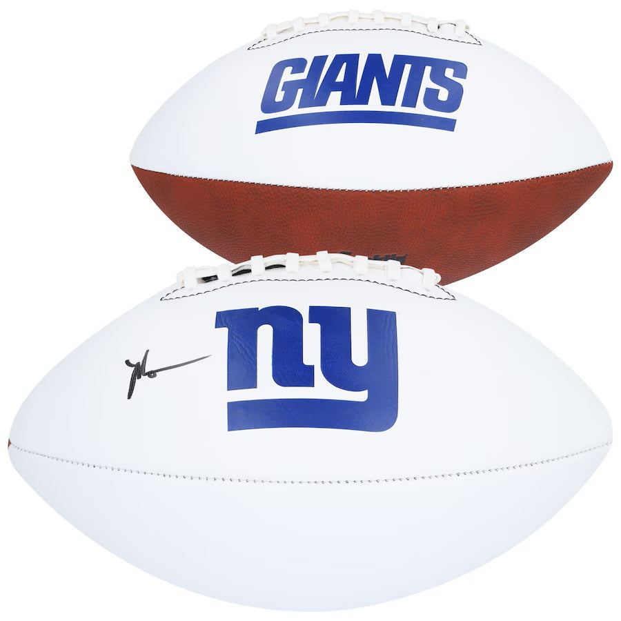 Two white Sports Integrity footballs: one shows "GIANTS," the other displays the New York Giants logo and Malik Nabers' autograph. Both have white laces and are positioned to highlight each unique side.