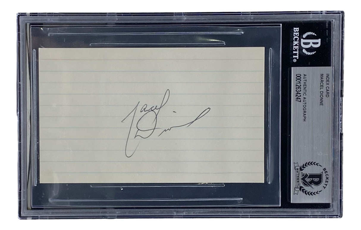 A signed index card by Marcel Dionne (Quebec Nordiques) is displayed in a transparent Sports Integrity BAS slab, labeled: Index Card, Marcel Dionne, Authentic Autograph.