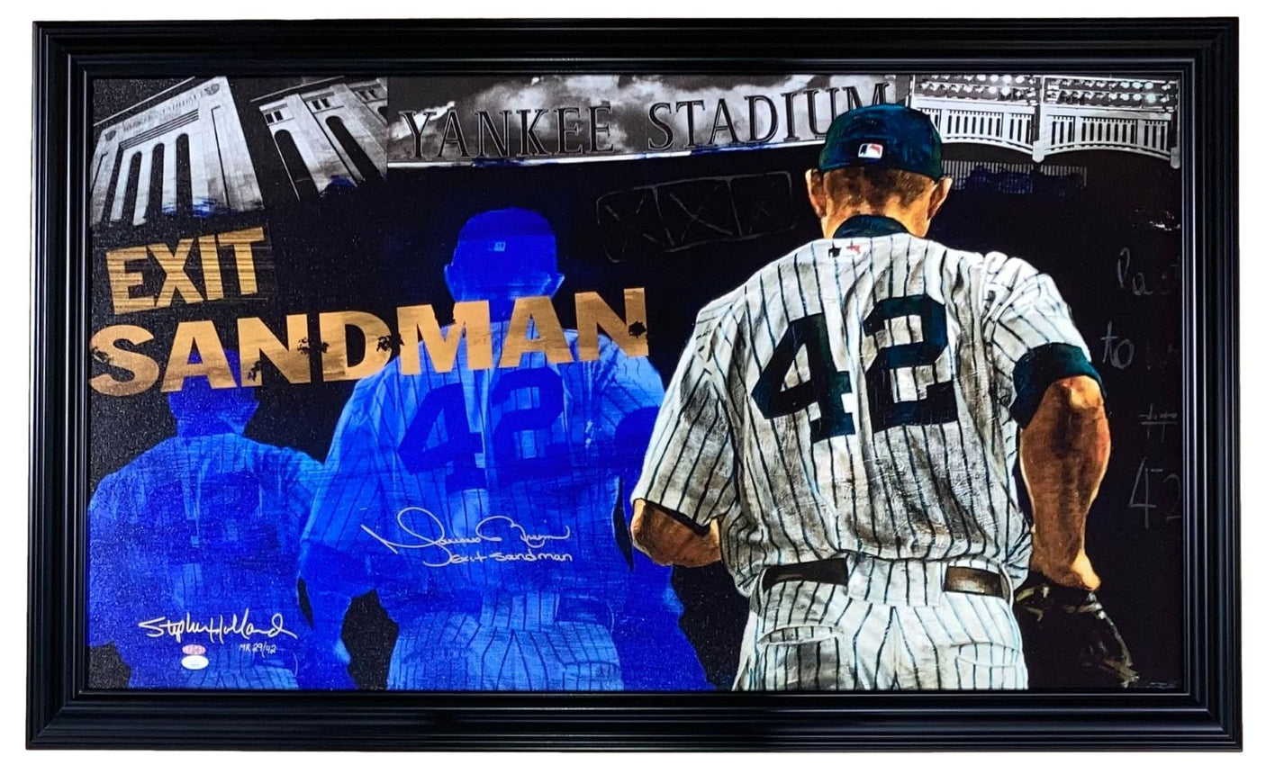 The Sports Integrity Mariano Rivera Signed 24x40 New York Yankees LE/42 Canvas "Exit Sandman" features jersey #42, Yankee Stadium background, blue and gold tones, and multiple autographs. Authenticated by JSA.
