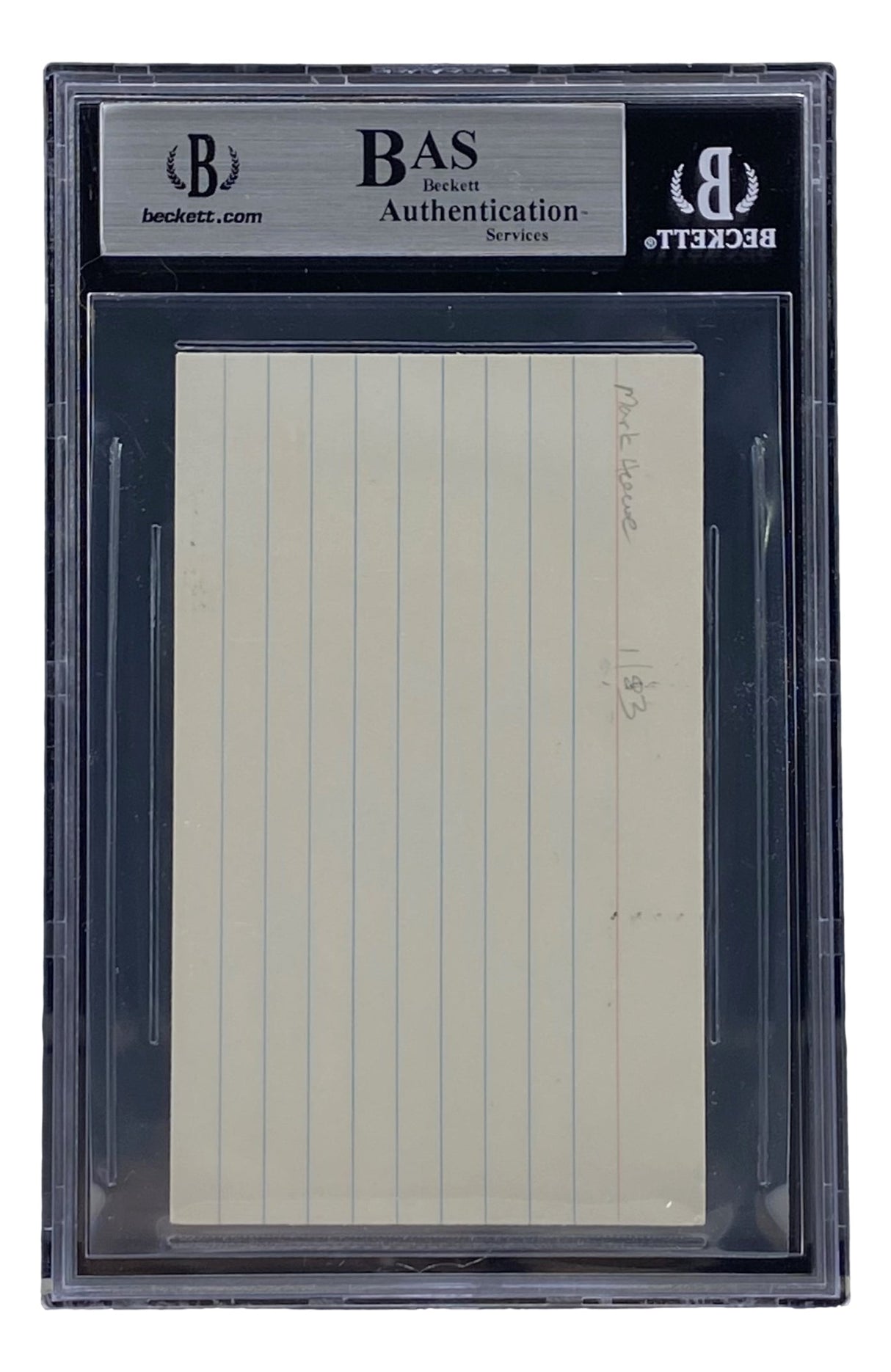 The Mark Howe Philadelphia Flyers Signed Index Card (BAS 00012634248) by Sports Integrity is sealed in a BAS plastic case with the authentication label visible at the top.