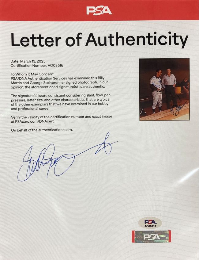 Billy Martin George Steinbrenner Signed Framed 8x10 New York Yankees Photo PSA