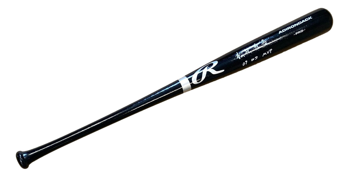 The Sports Integrity Hideki Matsui Yankees Signed Kenji Black Rawlings Bat, featuring “09 WS MVP” and stylized initials “JR,” is displayed diagonally on a white background with white markings and signature.
