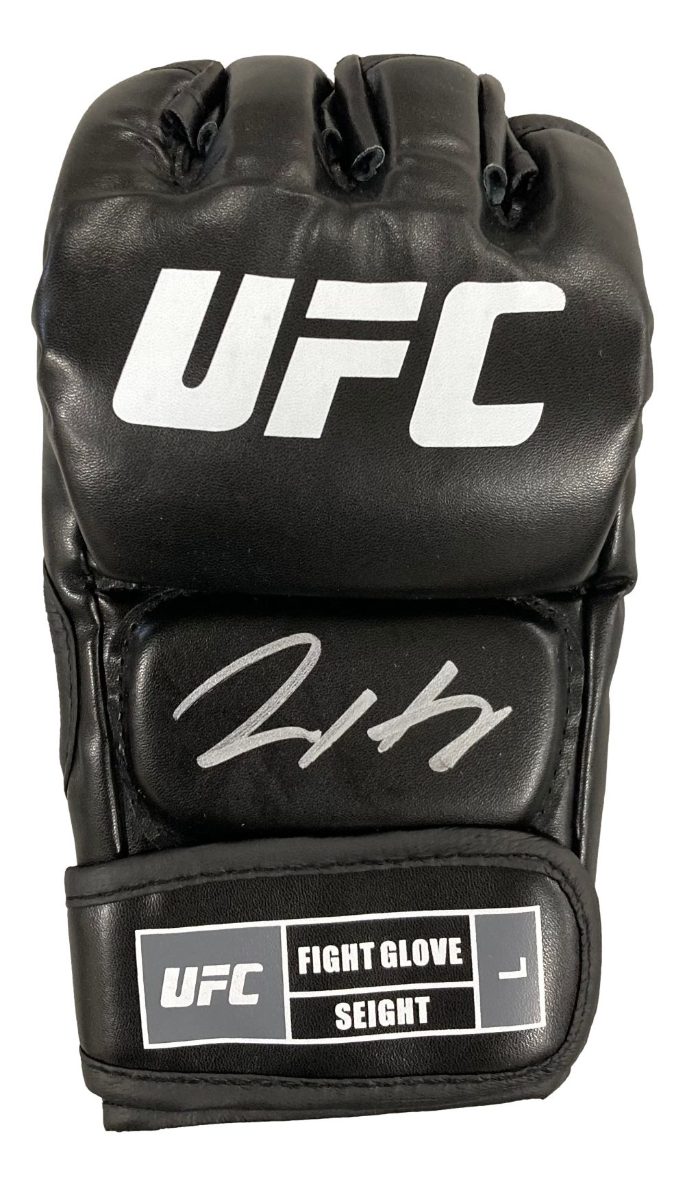 A Max Holloway signed UFC replica fight glove by Sports Integrity features a black design, UFC in white on top, a silver autograph on the front, and "UFC Fight Glove Seight" labeled on the wrist strap.