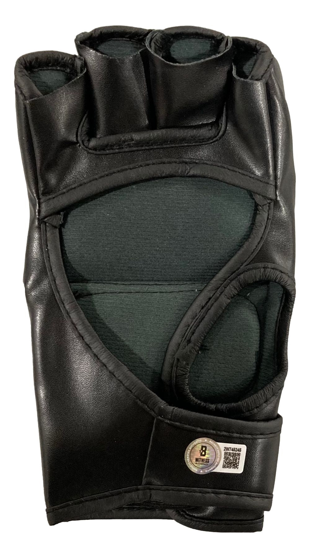 The Max Holloway Signed UFC Replica Fight Glove BAS by Sports Integrity is a black fingerless MMA glove with padded knuckles, open palm design, and a small round patch plus QR code on the wrist strap.
