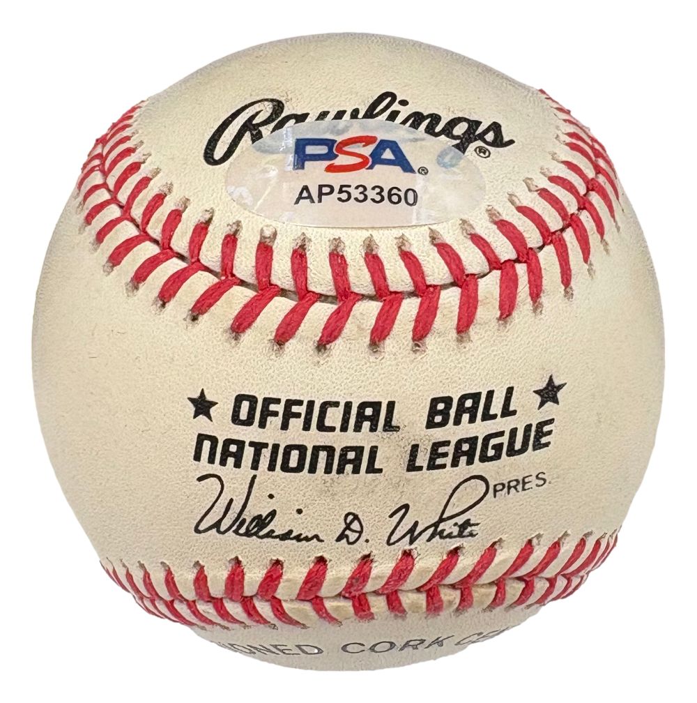 Willie Mays San Francisco Giants Signed National League Baseball by Sports Integrity with PSA authentication sticker “AP53360” and red stitching; features league president William D. White’s printed signature.