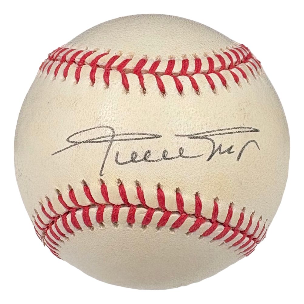 A close-up of a Willie Mays San Francisco Giants Signed National League Baseball (PSA AP53363) by Sports Integrity, featuring bold black autograph on white leather with red stitches against a plain background.