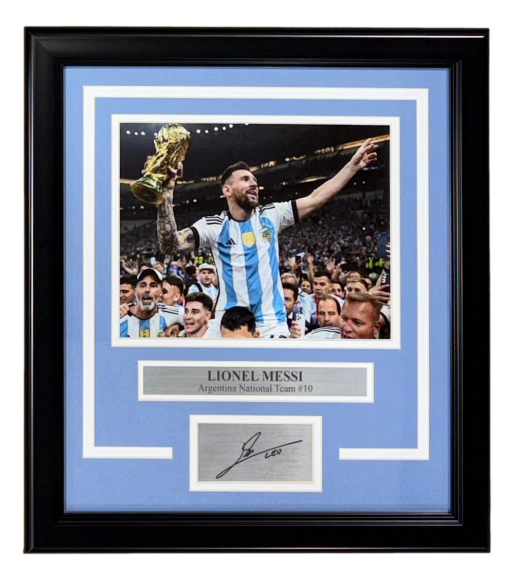 Lionel Messi Framed 8x10 Argentina Trophy Photo w/ Laser Engraved Signature