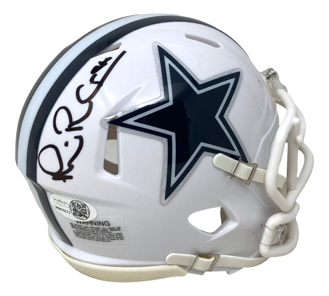 The Sports Integrity Michael Irvin Signed Dallas Cowboys White Mini Speed Helmet features a blue star logo, dark blue stripes, and a black autograph, authenticated with a JSA QR hologram.