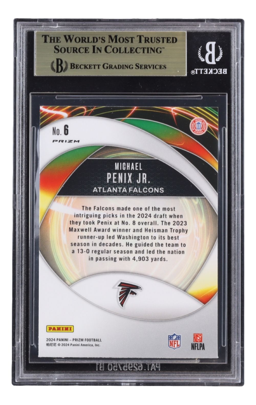 Michael Penix Jr 2024 Panini Prizm Green Ice #6 Falcons Rookie Card BAS 9.5