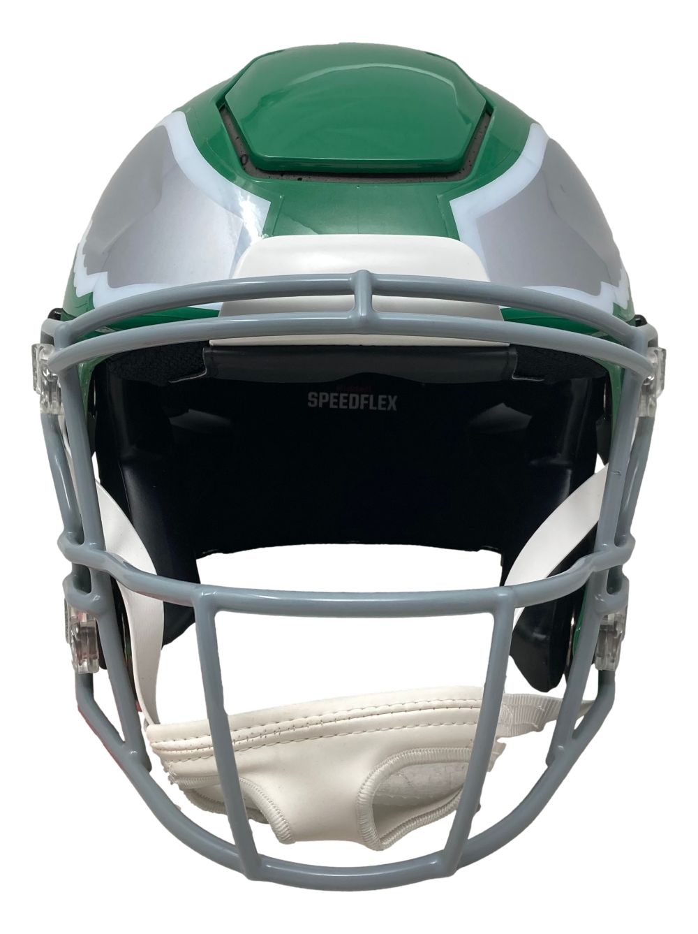 Front view of a Michael Vick Signed Philadelphia Eagles FS Kelly Green SpeedFlex Helmet by Sports Integrity, featuring gray and white accents, gray facemask, black interior padding, and SPEEDFLEX above the face opening.