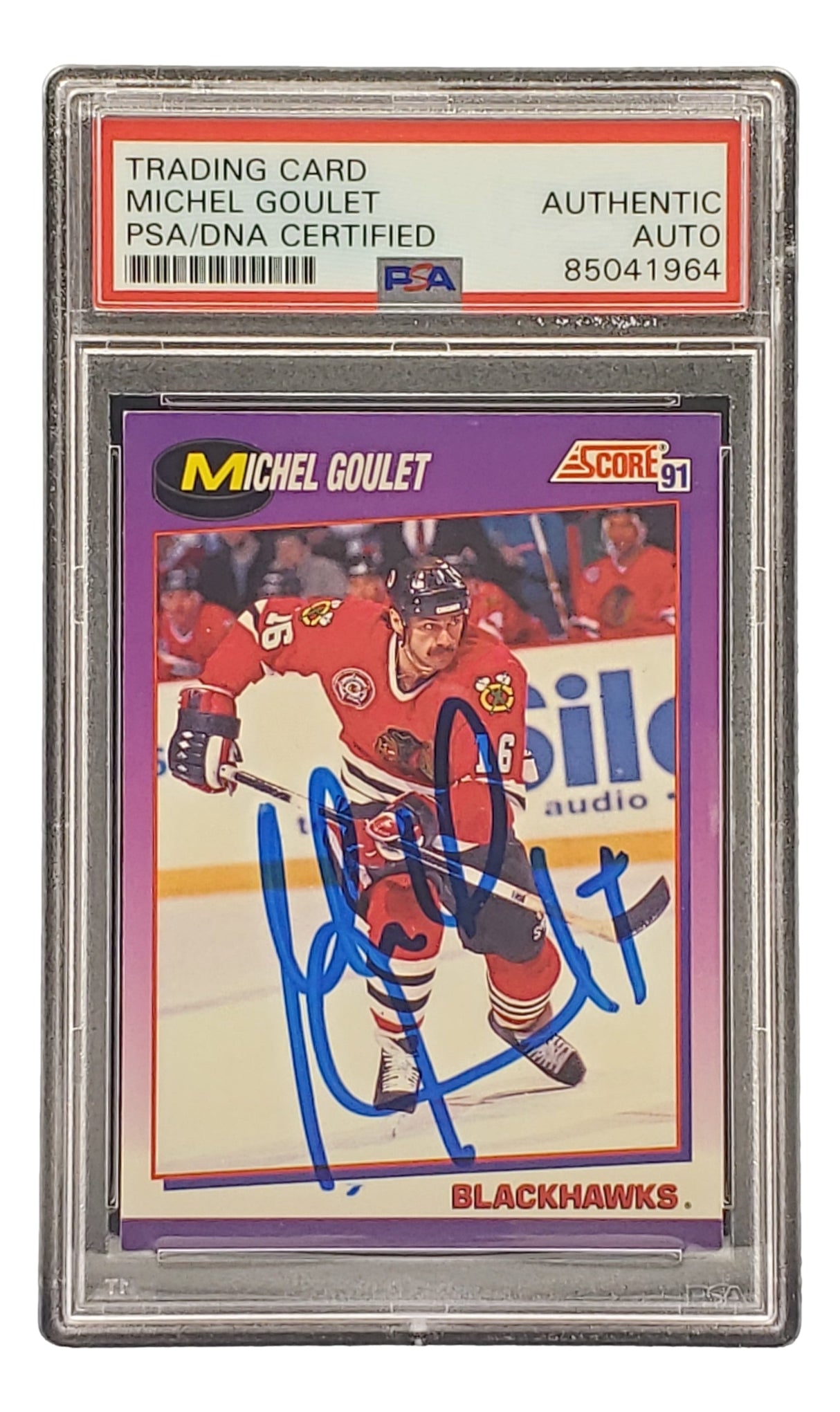 Sports Integrity Michel Goulet Signed 1991 Score #201 Chicago Blackhawks Hockey Card, authenticated by PSA/DNA (#85041964), features Goulet’s blue ink signature.