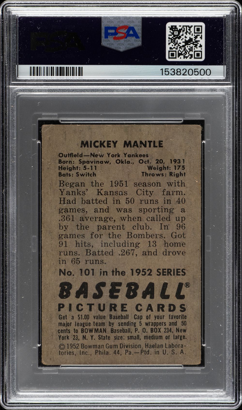 1952 Bowman #101 Mickey Mantle New York Yankees Trading Card PSA Good+ 2.5