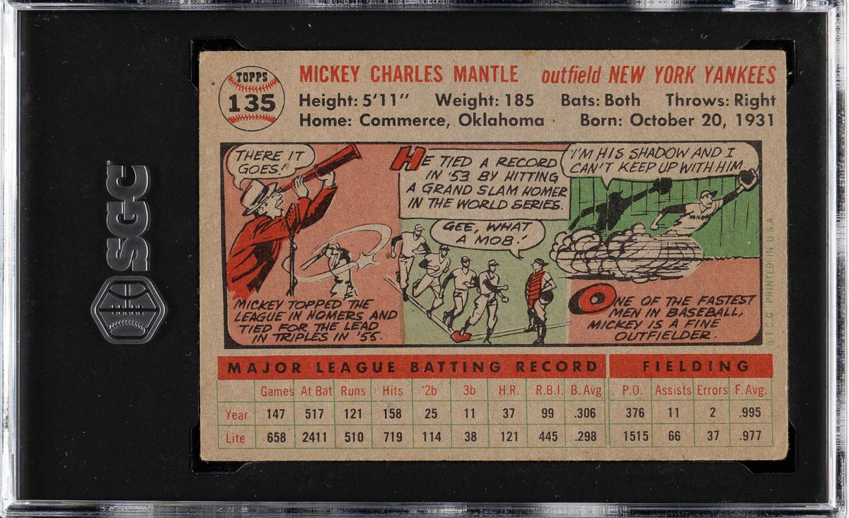 1956 Topps #135 Mickey Mantle New York Yankees Gray Back Trading Card SGC VG3