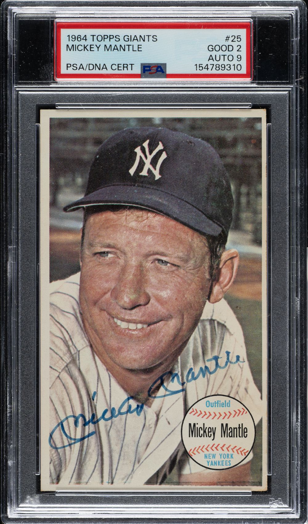 Mickey Mantle Signed 1964 Topps Giants #25 New York Yankees Card PSA GD 2 Auto 9