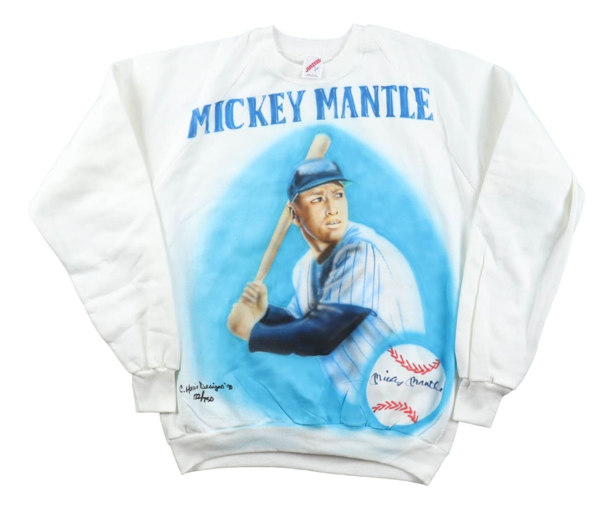 Sports Integrity's Mickey Mantle Yankees Signed Limited Edition Air Brushed Sweatshirt features a baseball player in a blue cap and striped jersey, "Mickey Mantle" print above, and a signed baseball graphic below. JSA LOA included.