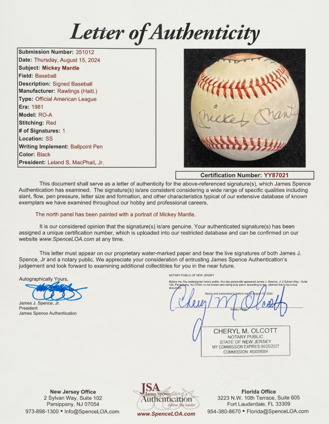 Mickey Mantle New York Yankees Signed Baseball w/ Hand-Painted Portrait JSA LOA