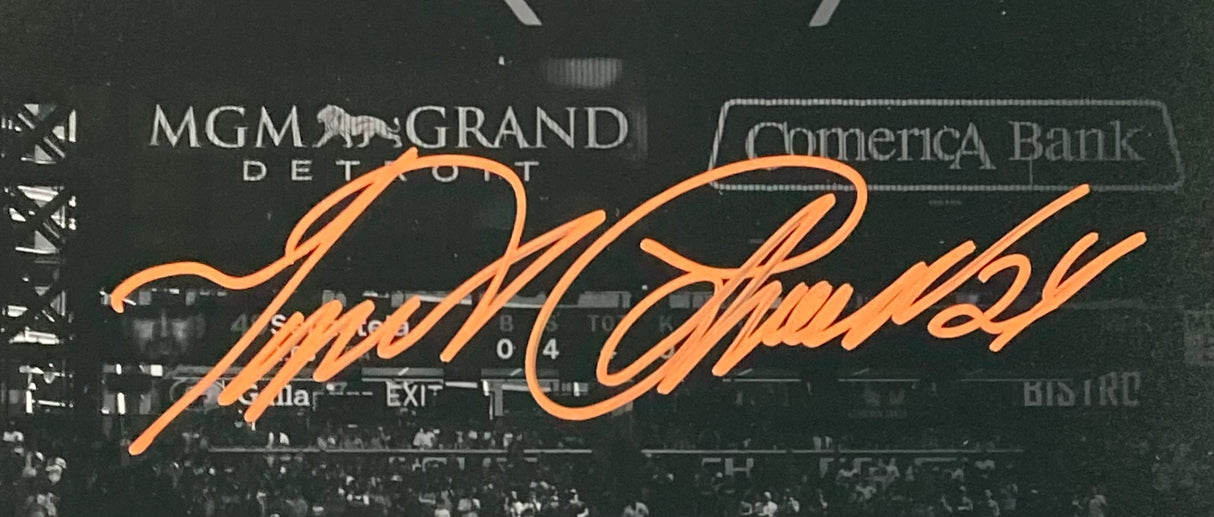 The Sports Integrity Miguel Cabrera Signed Framed 16x20 Detroit Tigers Scoreboard Photo BAS features an orange autograph on a black-and-white stadium photo with MGM Grand Detroit and Comerica Bank scoreboards in the background.