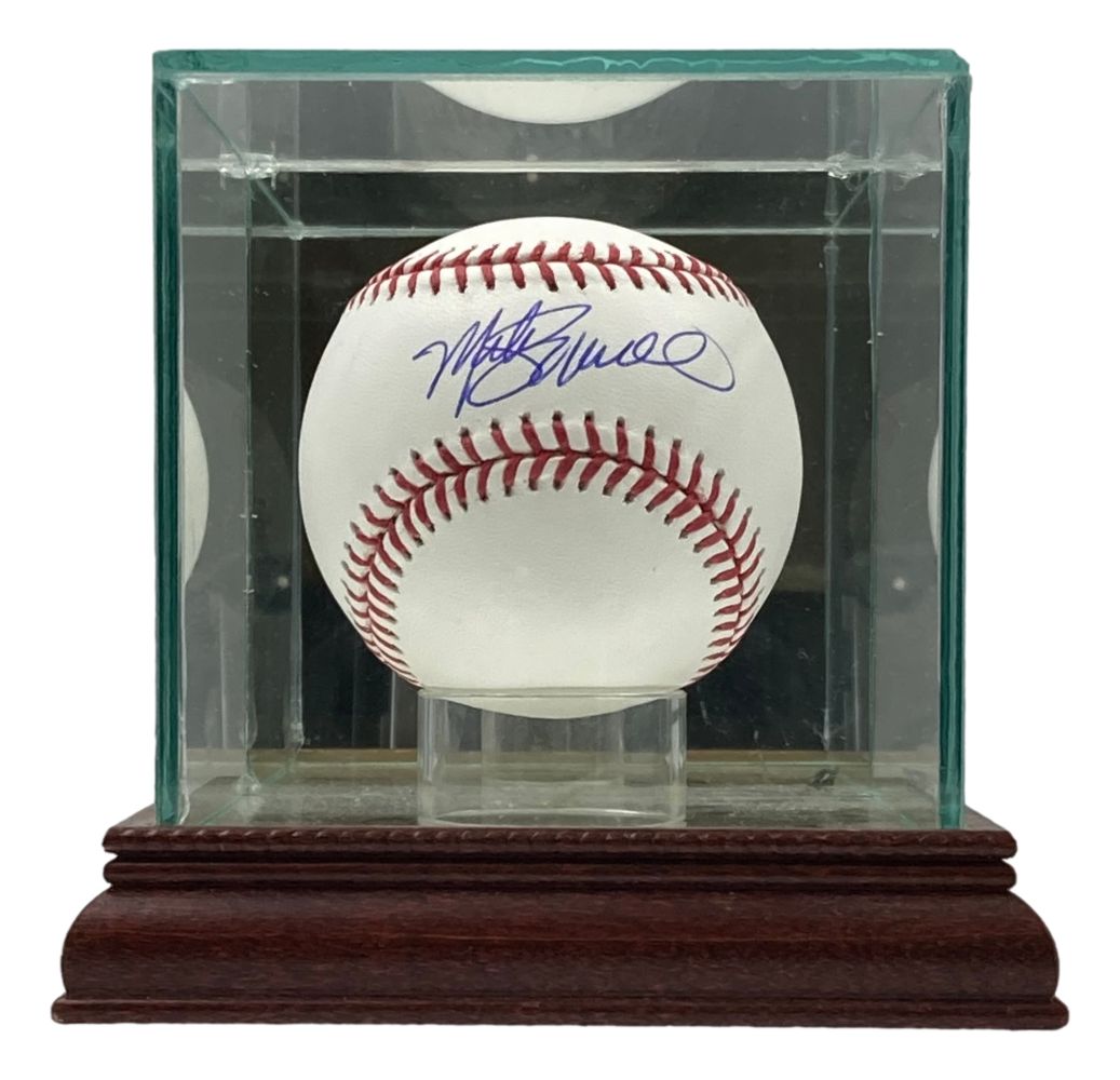 The Sports Integrity Mike Schmidt Philadelphia Phillies Signed Official MLB Baseball is displayed in a clear glass case with a wooden base.