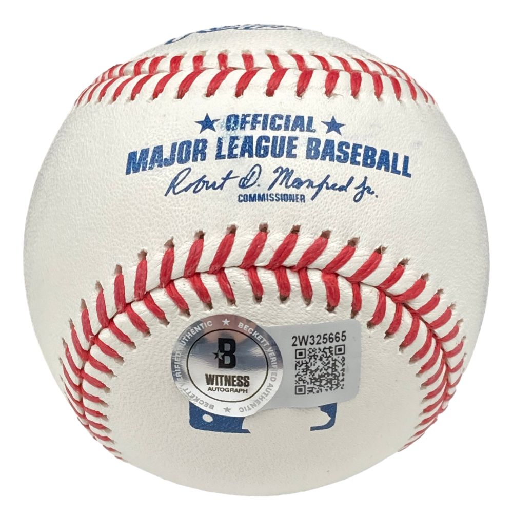 A Mike Schmidt Philadelphia Phillies signed official MLB baseball by Sports Integrity, with red stitching, blue text, a BAS authentication sticker featuring a QR code and serial number, and includes a display case.