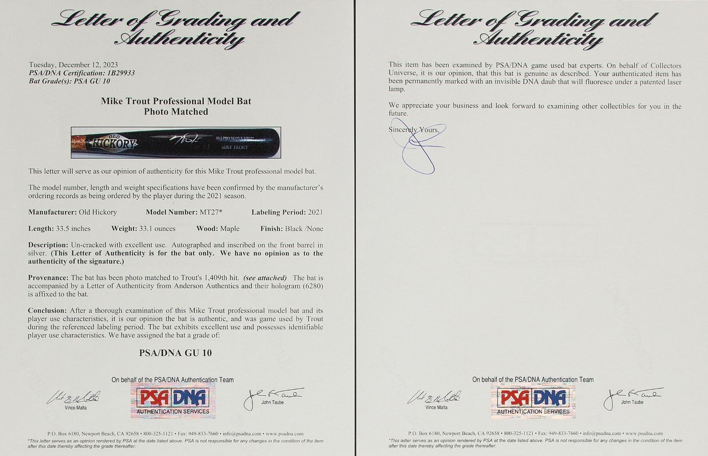 Mike Trout Signed Game Used 2021 Angels Old Hickory Bat BAS+PSA GU 10