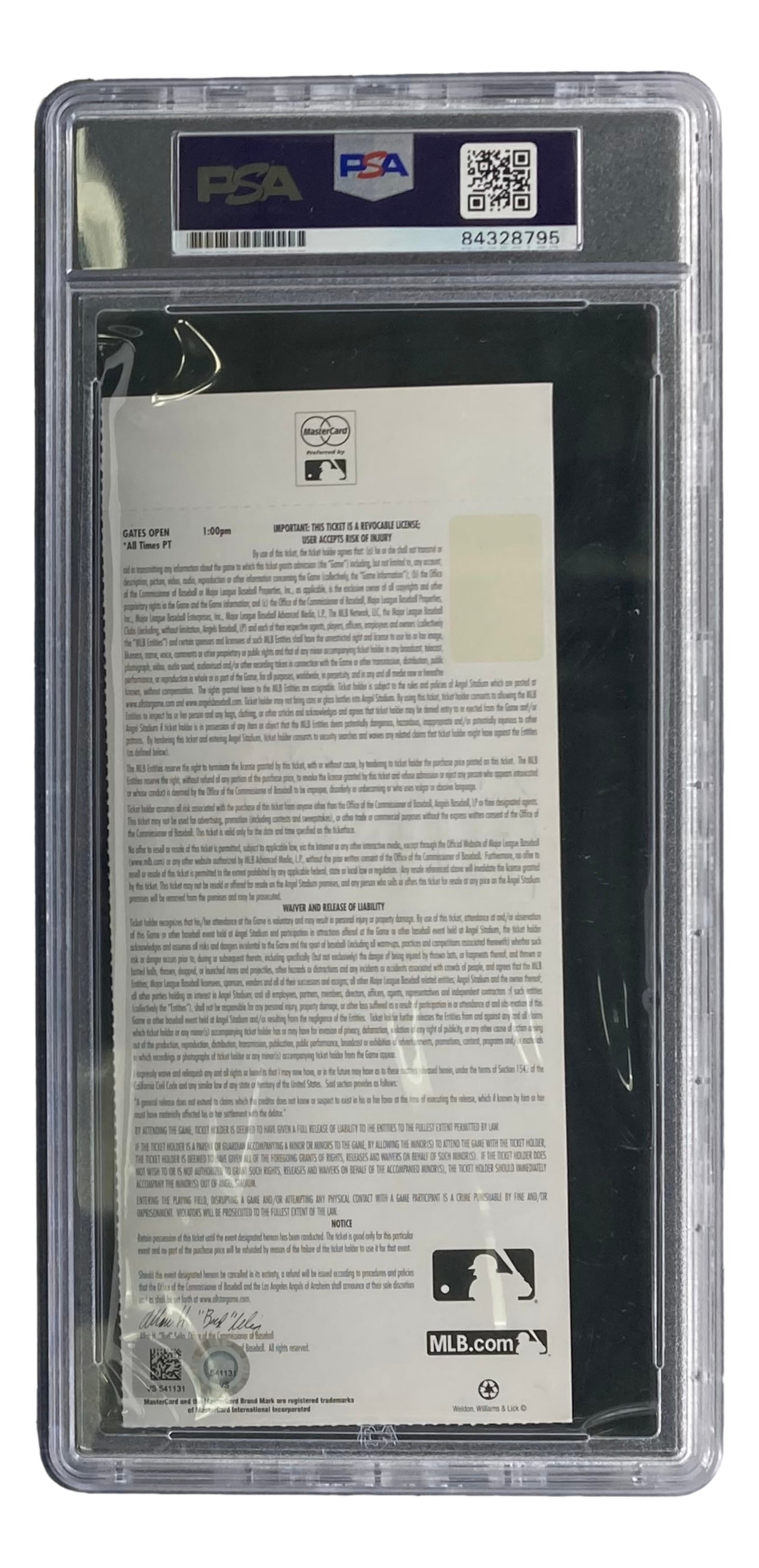 A Mike Trout Los Angeles Angels Signed 2010 Futures Game Ticket by Sports Integrity, graded Gem MT 10 by PSA/DNA, is encased in a clear holder with a top label showing barcode, QR code, serial number 84328795, printed details, and MLB logo.