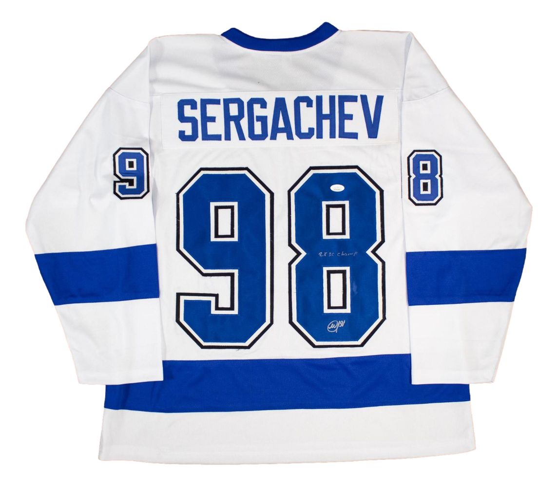 Mikhail Sergachev Tampa Bay Signed White Hockey Jersey 2x SC Champs JSA Hologram