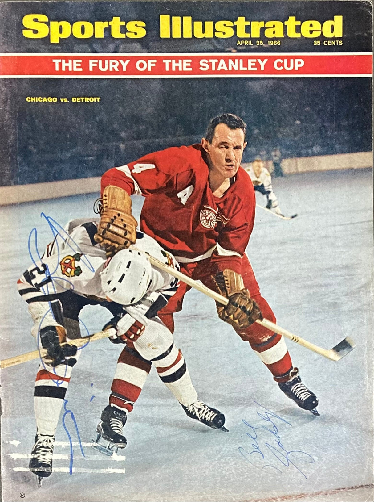 The Sports Integrity Stan Mikita Bill Gadsby Signed Sports Illustrated Magazine Cover PSA features both hockey legends in action during a heated Detroit Red Wings vs. Chicago Blackhawks Stanley Cup game.