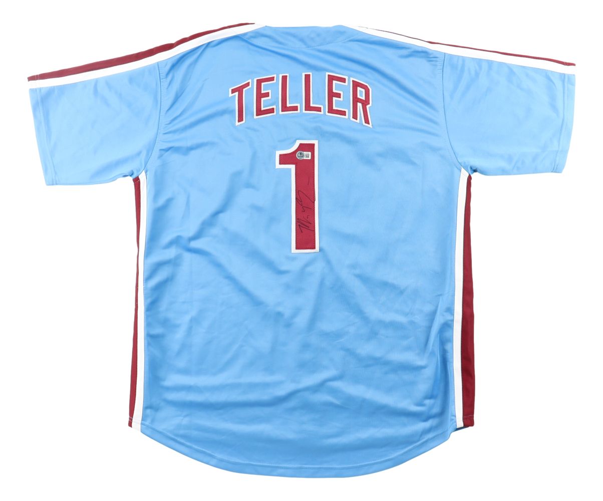 Miles Teller Philadelphia Signed Light Blue Baseball Jersey BAS BT57602