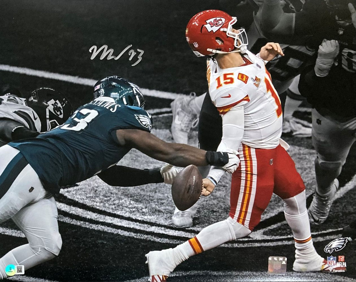 Milton Williams (#93 Eagles) strip sacks Chiefs QB (#15) as he readies to throw, featured in this signed 16x20 Super Bowl 59 Spotlight Photo by Sports Integrity.