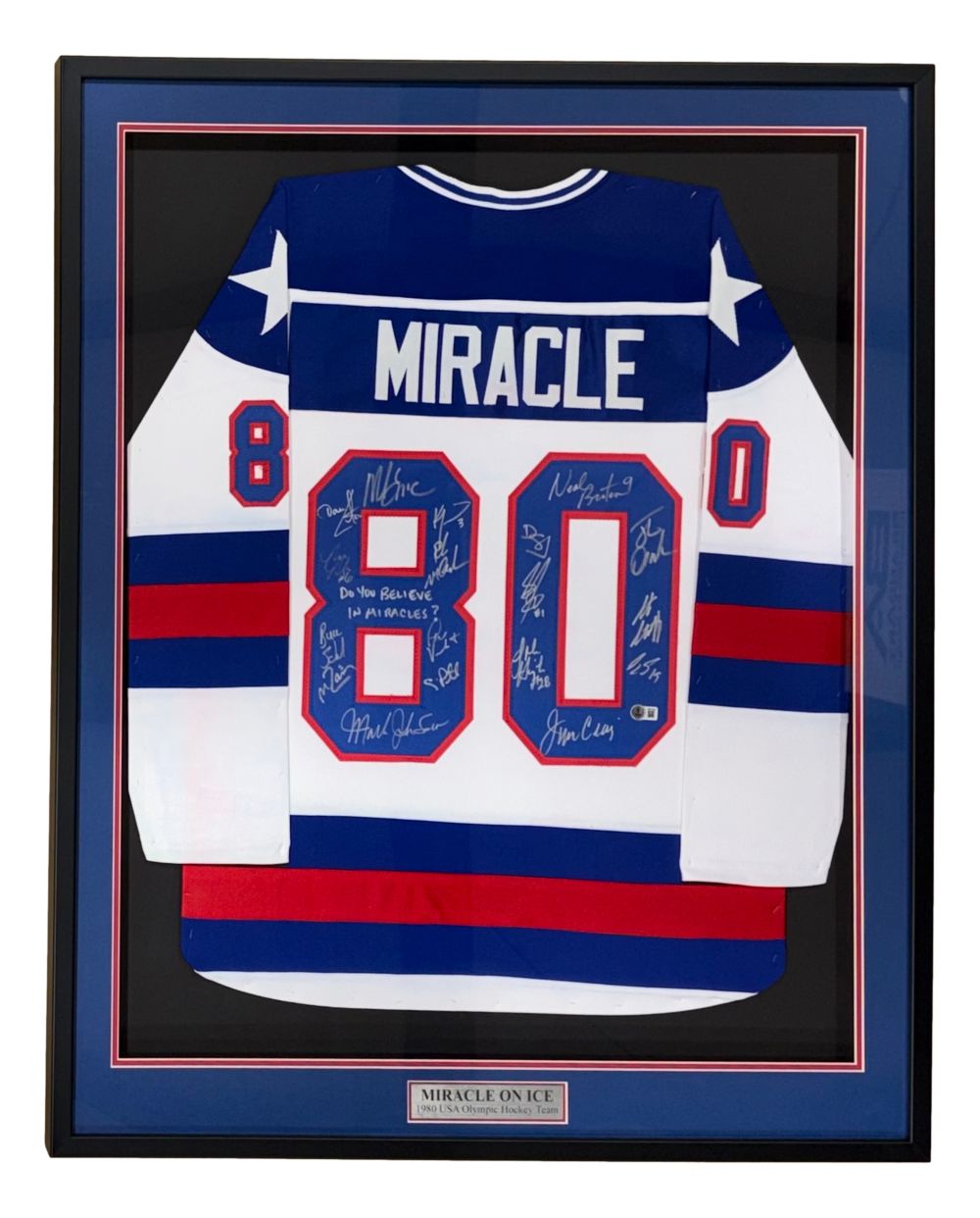 1980 USA Hockey (18) Signed Framed White Hockey Jersey Do You Believe BAS